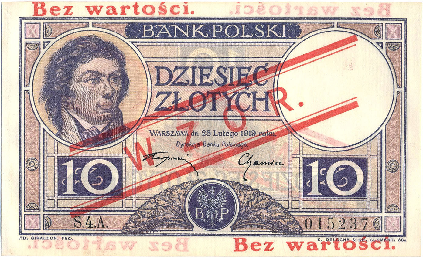 WZÓR 10 złotych 1919 Kościuszko seria 4.A  - niski nadruk - RZADKOŚĆ R7